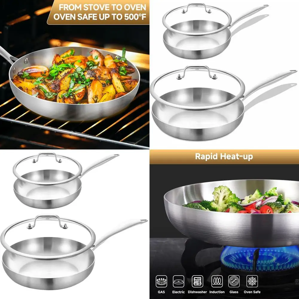 

12-Inch Tri-Ply Stainless Steel Fry Pan Set with Lids, Induction-Ready, Oven and Dishwasher Safe, Removable Handles
