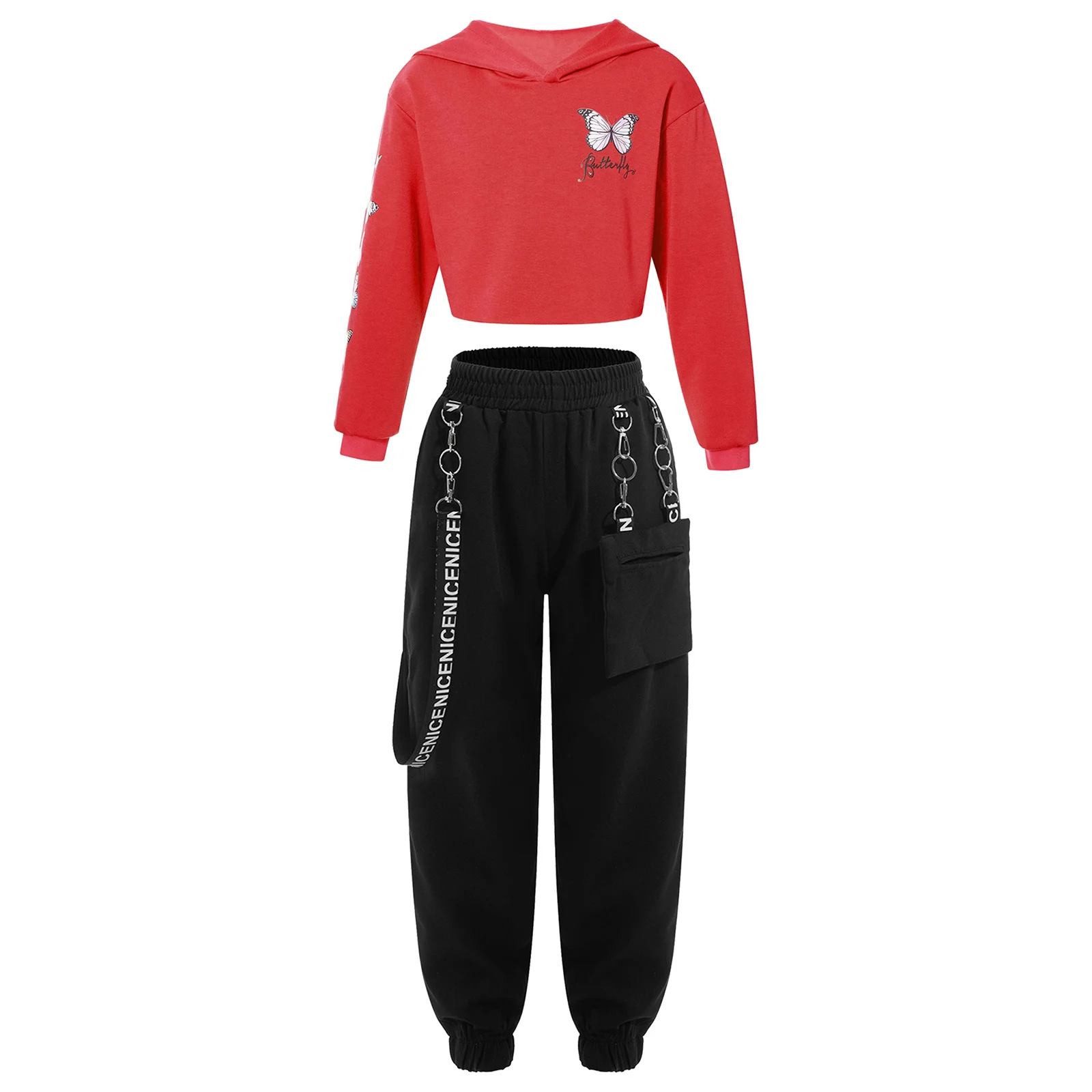 Two-Piece Hooded Sports Sets for Girls, Long Sleeve Sweatshirt, Cropped Tops with Sweatpants for Hip-Hop Jazz Dance Costume Suit