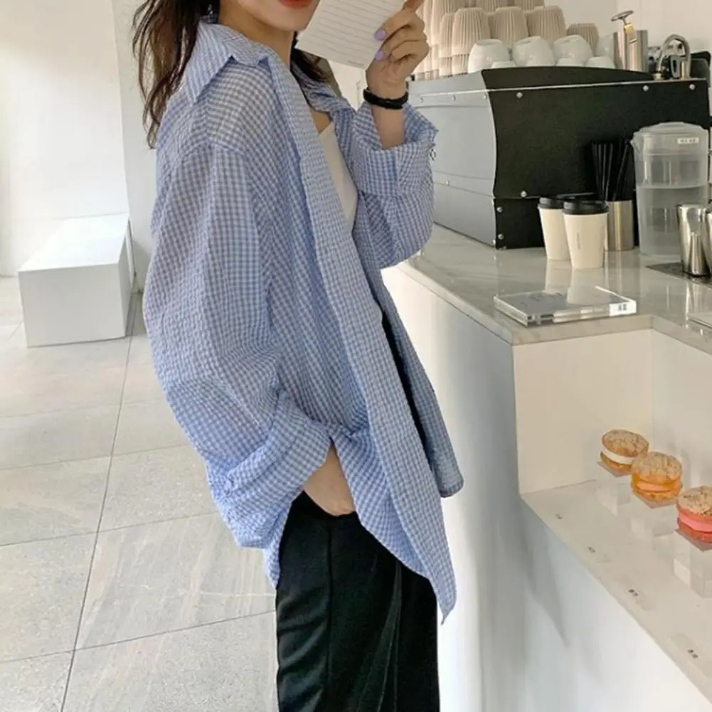 Koreaans damesshirt zonnebrandcrème lange mouwen shirt zomer dames losse casual enkele rij knopen kraag geruit