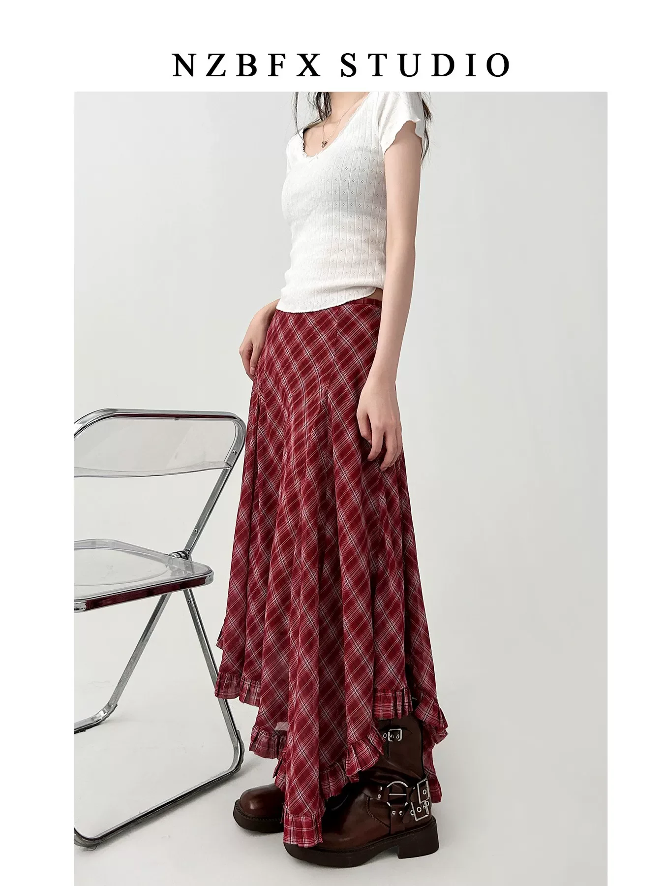 Spring Summer Vintage Two-Tone Plaid Midi Asymmetrical Hem A- Line Skirt Large Flounce Midi Length Silk Half Body Skirt