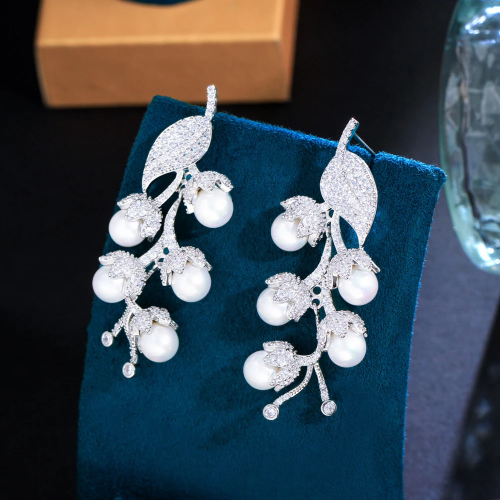 BeaQueen Shiny Long Pearl Cluster Drop Statement Bridal Earrings for Wedding Women Clear White Cubic Zircon Setting Jewelry E638