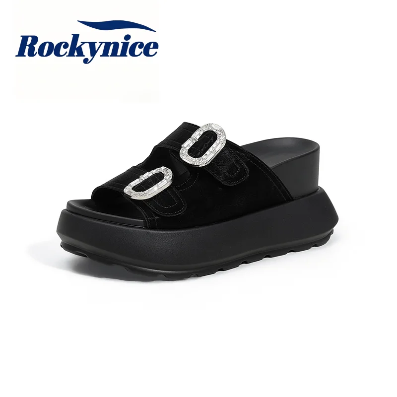 New 2026 Women's Chunky Slippers 8.5CM Thick-Heels Peep-toe Comfort Sandals Woman Summer Retro Beach Female Rhinestone Slides