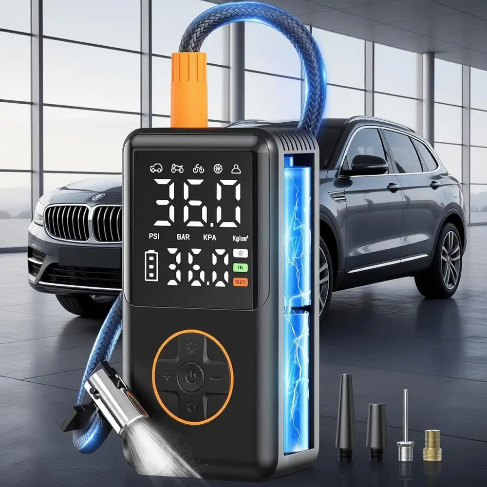 

Portable Air Compressor with Upgrade Dual Sn, 150 PSI for Car, Bicycle, Motorcycle Tires & Balls, Electric Bike Pump with Pressu