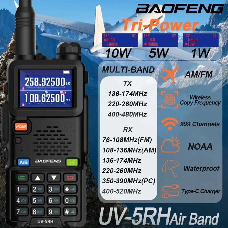 Baofeng UV-5RH Air Band Walkie Talkie Drahtlose Kopier frequenz Multi-Band Tri Power Typ-C Noaa bin FM Langstrecken-Amateurfunk