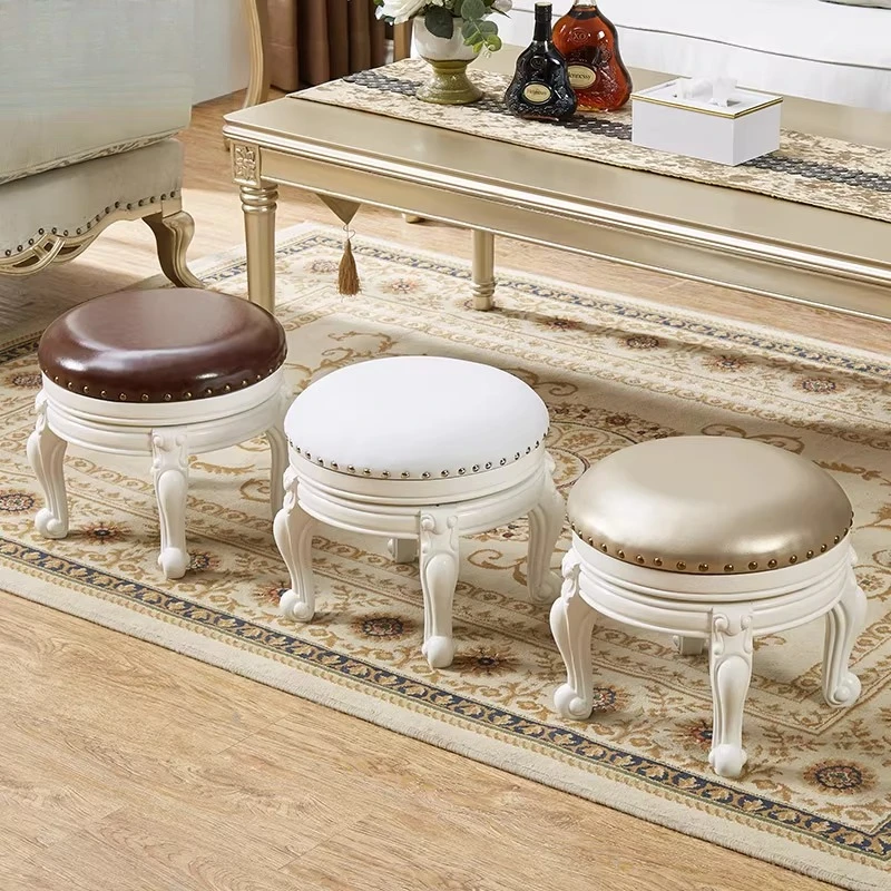 مقعد دائري صغير على الطراز الأوروبي، مقعد أريكة عالي الجودة في غرفة المعيشة، مقعد طاولة القهوة، تغيير الأحذية المنزلية المصنوعة من الخشب الصلب