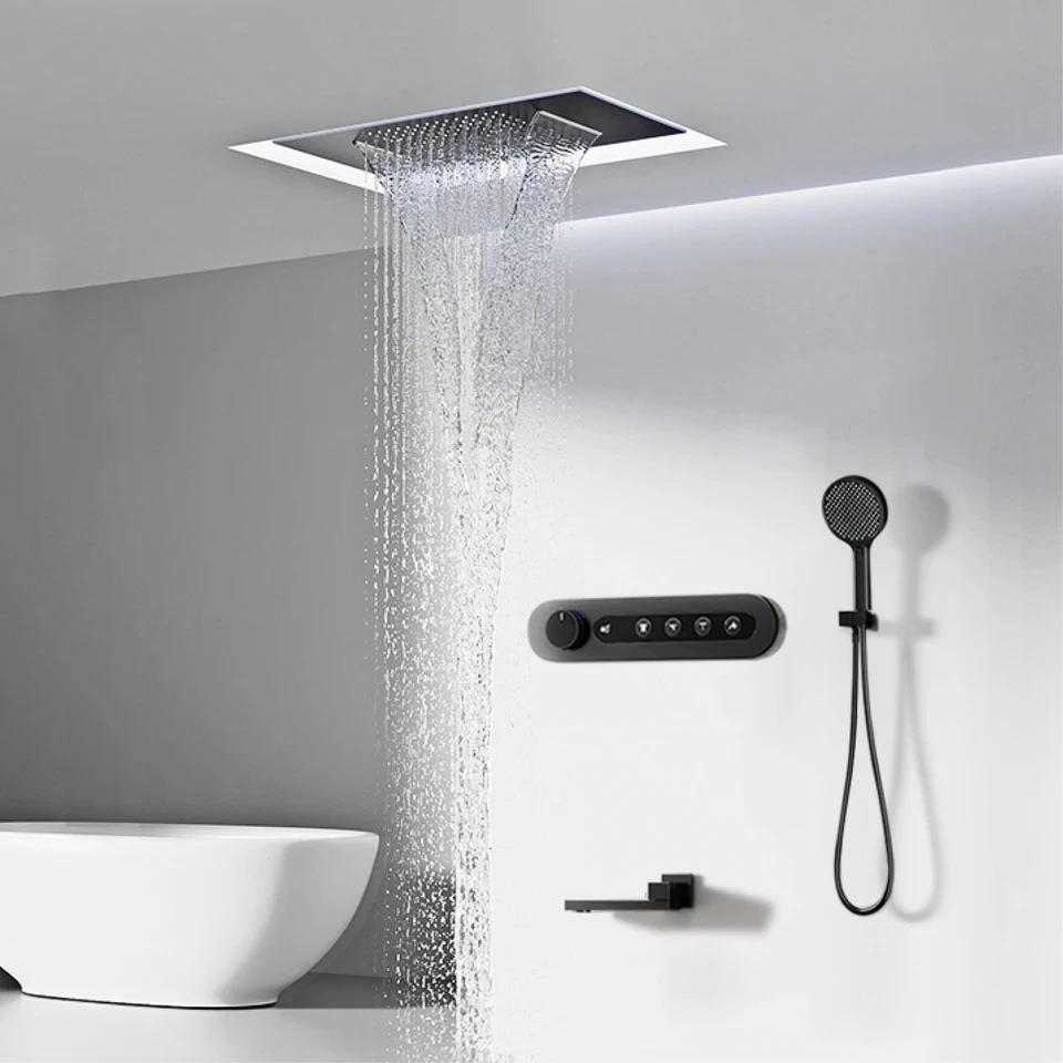 

Matte Black Brass Thermostatic Shower System 4Spray Modes Ceiling- Mounted Digital Display Anti-Scald Bathroom Faucet