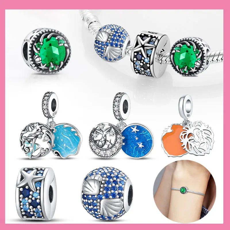 925 Sterling Silver Marine Safety Beads Green Glass Beads Decorative DIY Birthday Party Gift Jewelry Bracelet Accessories