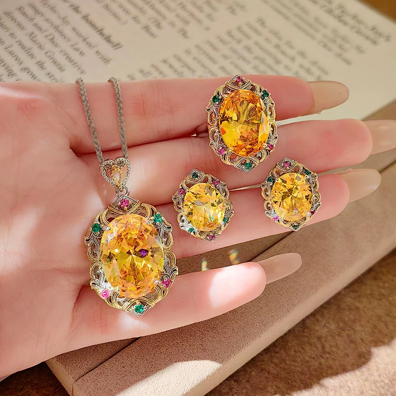 Italian Palace Style Two Tone Gold Color Craftsmanship Yellow Crystal Necklace Earnail Ring Elegant Jewelry Set for Women KOFSAC