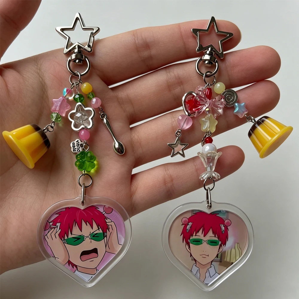 Handmade Y2K Beaded Keychain The Disastrous Life of Saiki K Saiki Kusuo Heart Acrylic Keyring Mini Pudding Pendant Cosplay Prop