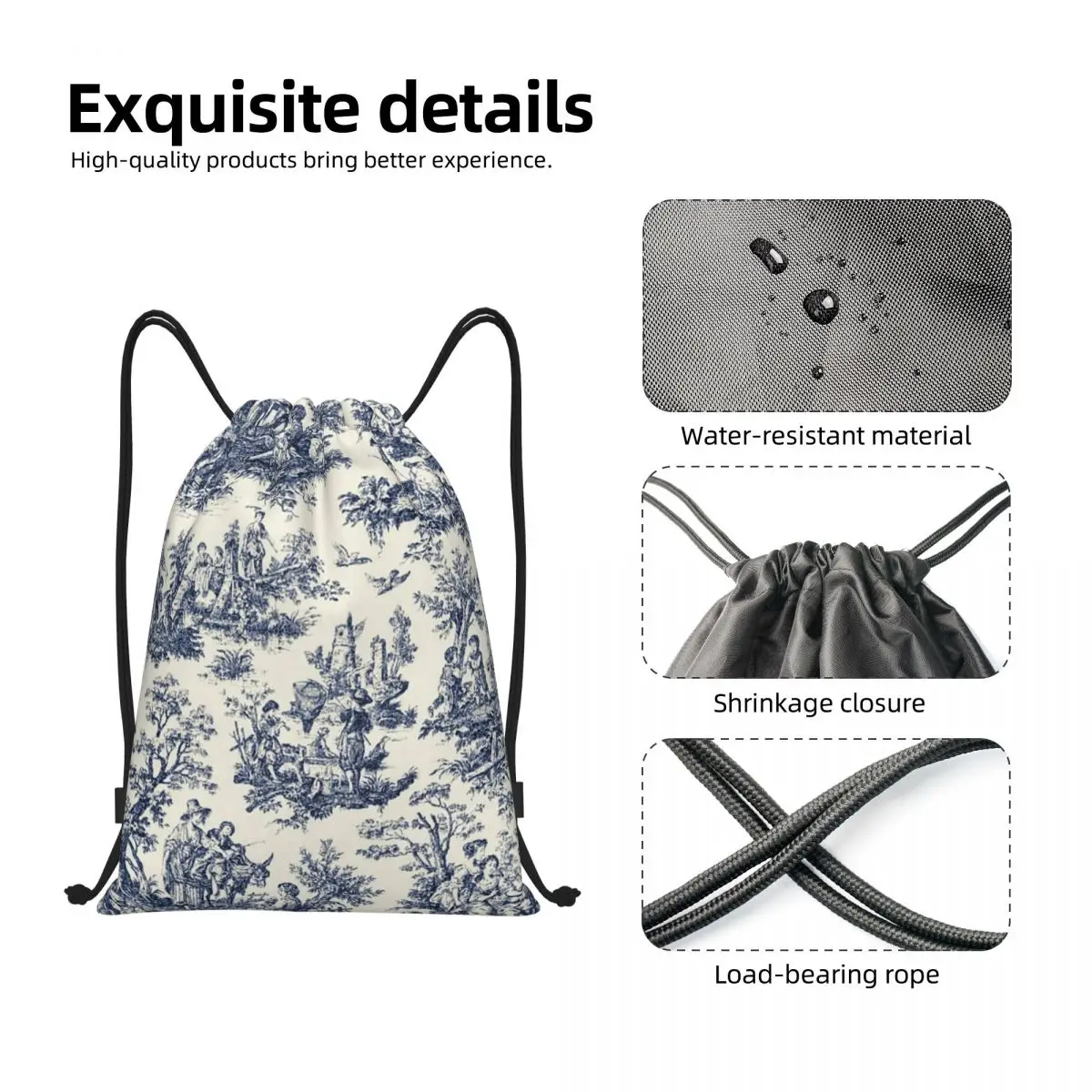 Custom NOMADES Artsy Vintage Toile De Jouy Drawstring Backpack Bags Lightweight Navy And White Gym Sports Sackpack Sacks