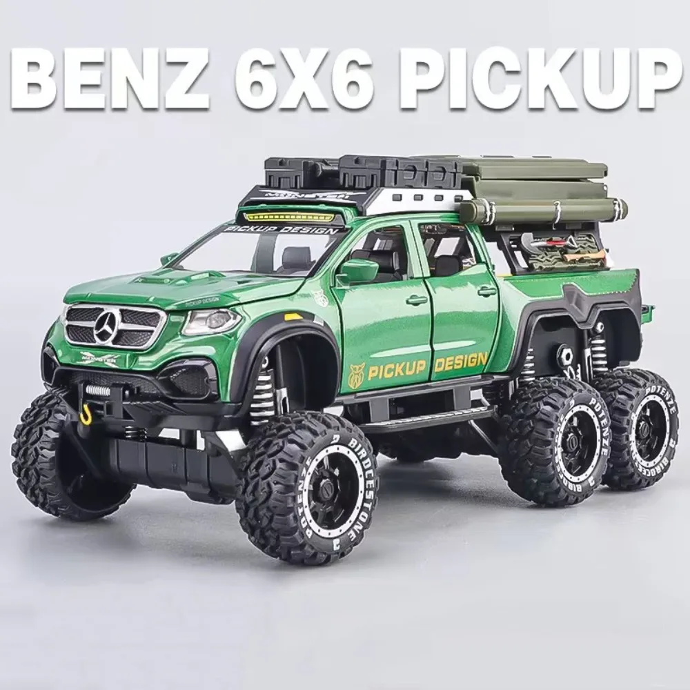 1:28 Benz X-Class 6X6 Alloy Camping Car Model Toys Diecast Pickup Doors Opened Sound Light Pull Back Vehices Boy's Birthday Gift