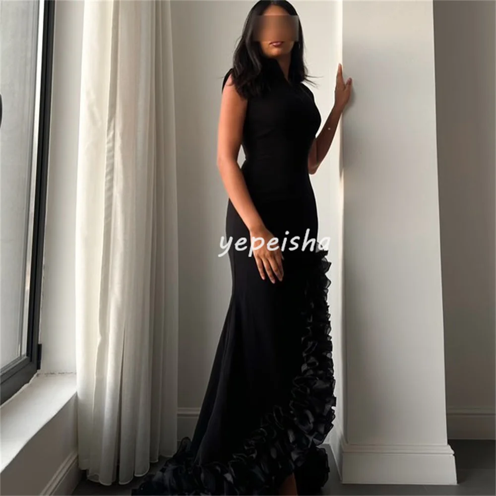 Customized Fashion Exquisite Jersey Pleat Ruched Mermaid High Collar Long Dresses Bespoke Occasion Dresses High Quality