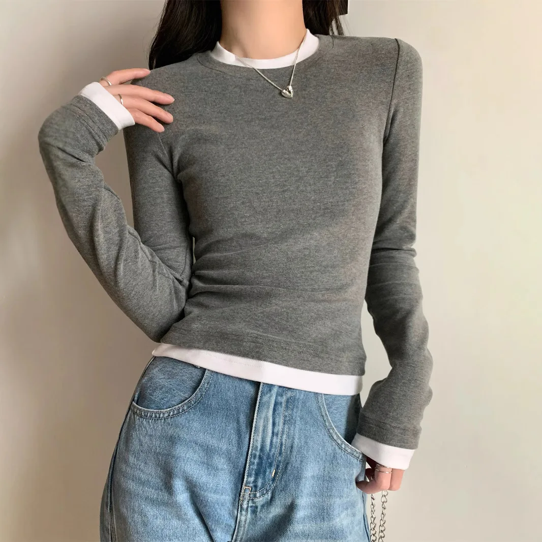False 2 pieces Korean Fashion T-shirts Women Kpop Y2K Long Sleeve Tops Autumn Winter Sexy Harajuku Cheap Clothes Woman Tshirts