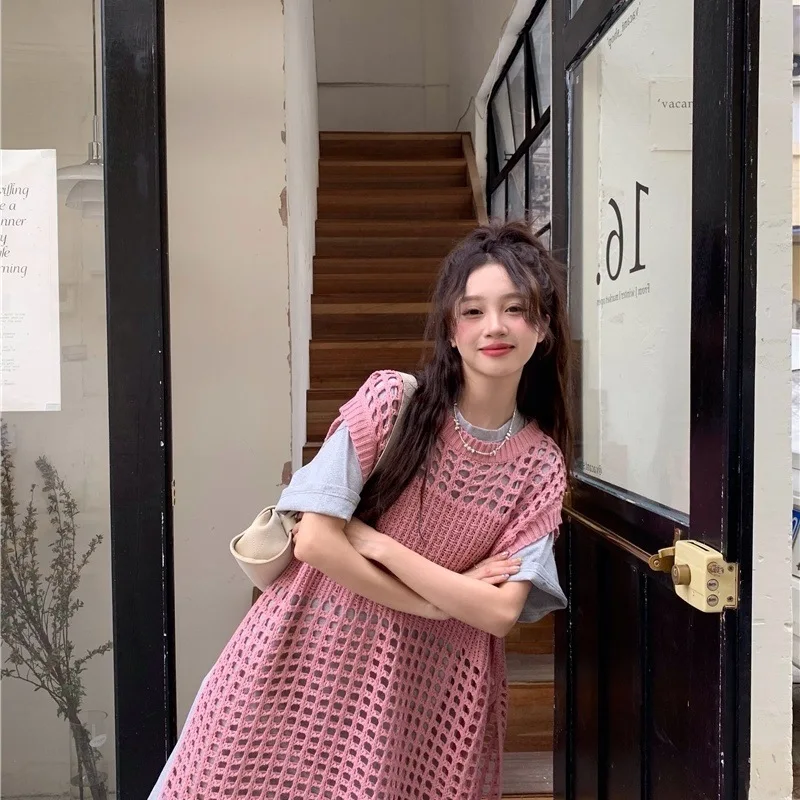 Knielengte trui K Pop truien truien dames breien ronde hals losse pasvorm wandelen moeders highstreet geperforeerde decoratie