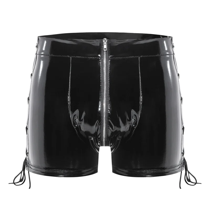 Cross-Border Products MenPVCGlossy Leather Boxer Shorts Sexy Zipper Crotchless Leather Shorts Accurate Size