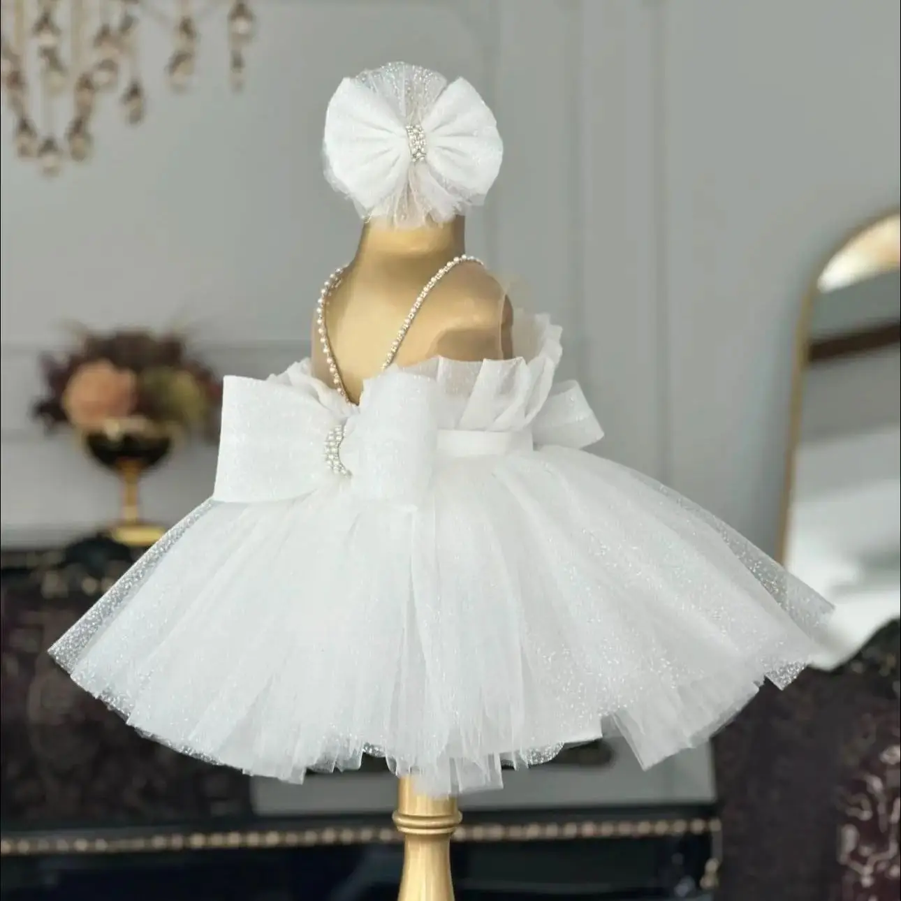 White Pearls Flower Girl Dresses For Wedding Customized Bow Back Litter Kids Baby Birthday Gowns First Communion Dresses