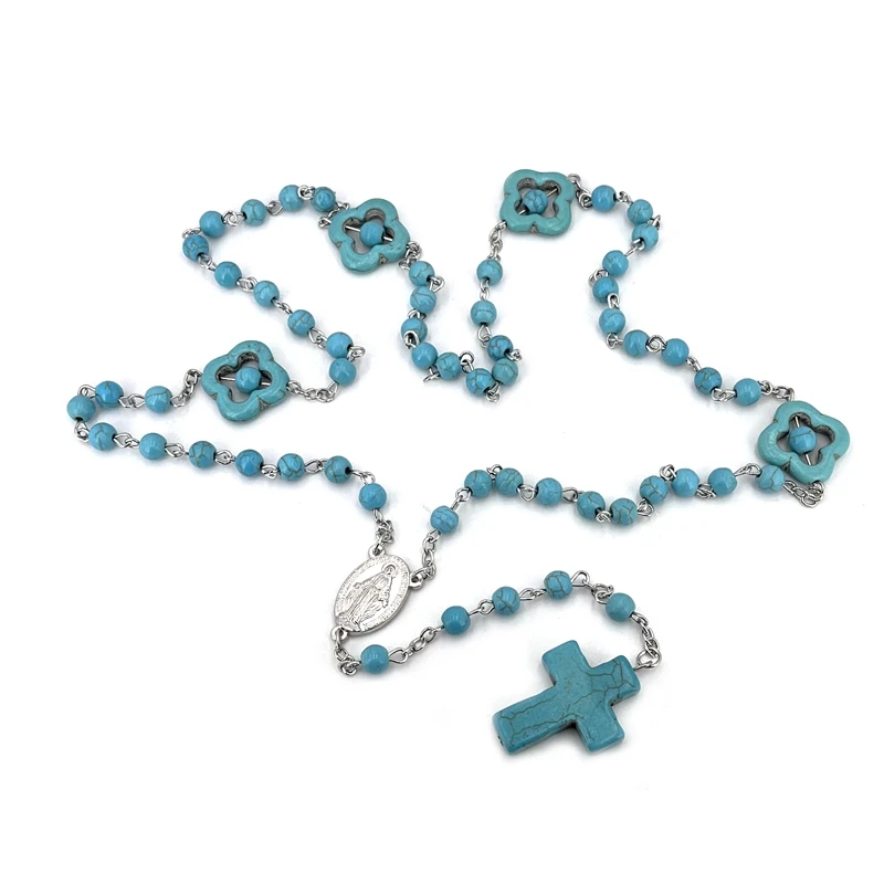 Rosario cattolico in pietra Vintage blu per donna uomo collana con ciondolo croce cristo lungo