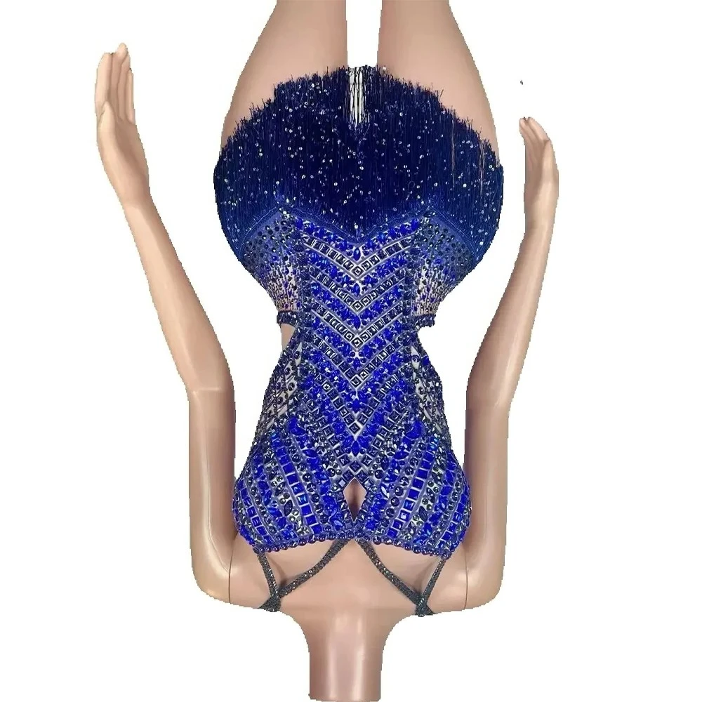 Body azul con flecos y diamantes de imitación brillantes, traje de baile para actuación, club nocturno, cantante, bailarina, ropa de escenario