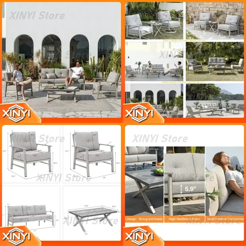 French Style 5-Seater Garden Sofa Set for Outdoor Patio Hotel Backyard Waterproof Aluminum Hand-Painted Coffee Table