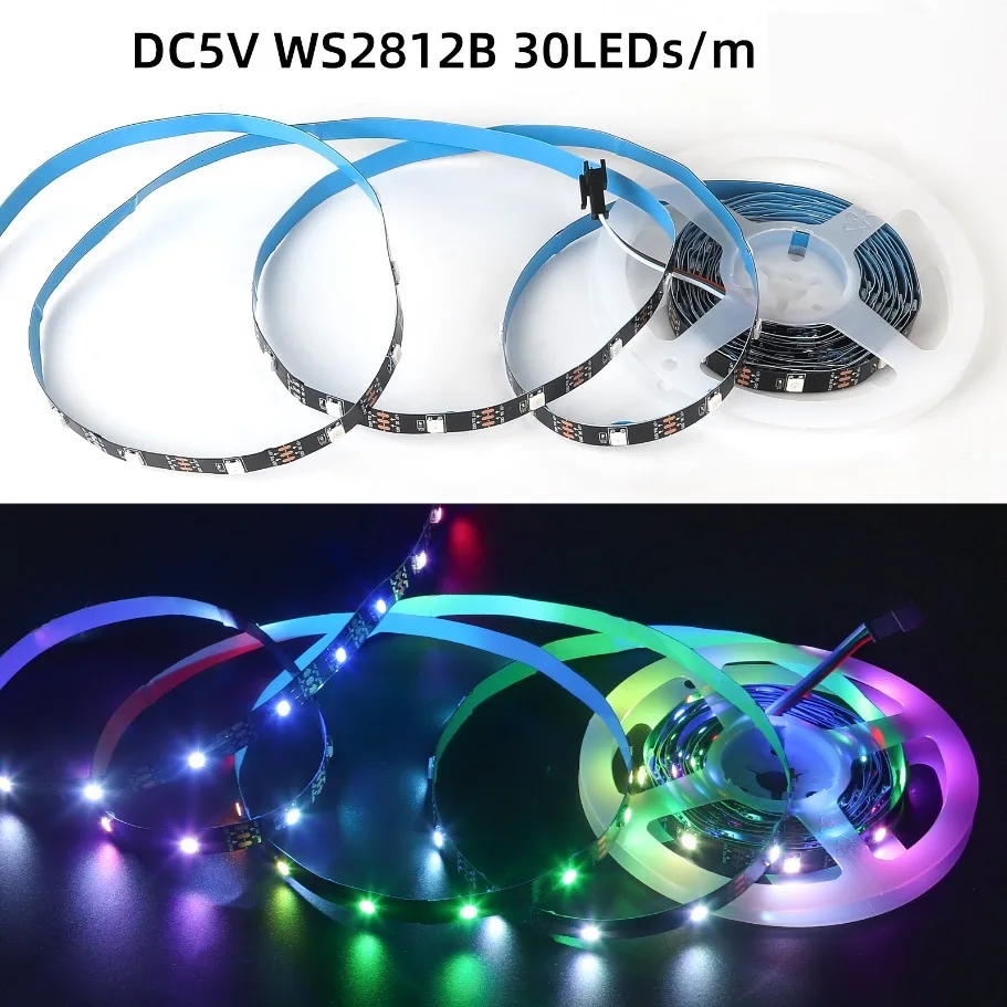 WS2812B 5050 RGBIC Smart LED Strip WS2812 Individually Addressable IC 30/60/144Pixels/Leds/m Light DC5V Black IP30/67 Waterproof