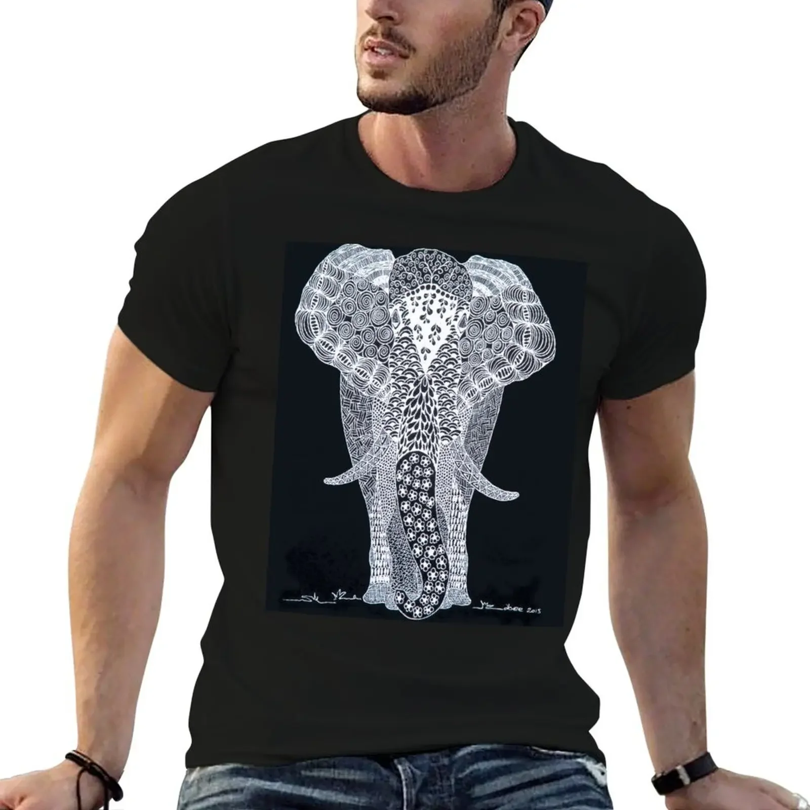 Black and White Doodle Elephant T-Shirt summer top anime oversized graphic tee t shirts for men pack