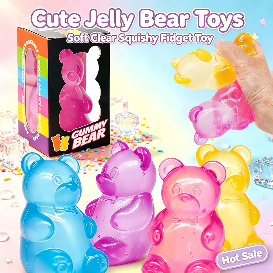 Kawaii Clear Jelly Gummy Bear Squishy Toy Colorful Transparent Soft Squeeze Decompression Toy Cute Bear Kids Pocket Gift Toy