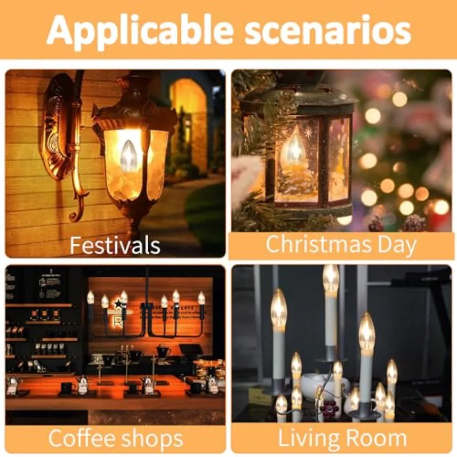 E12 Base Miniature Screw C35 Flame Tip Flicker Bulbs - Crystal Clear Candle Light with Orange Glow Effect for Halloween E12 Non view 6