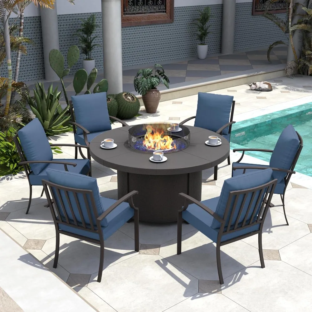 

7 Piece Metal Outdoor Patio Furniture Set with 48 Round Fire Pit Table,Patio Conversation Sets 6 Fixed Chairs with Thick Cushion
