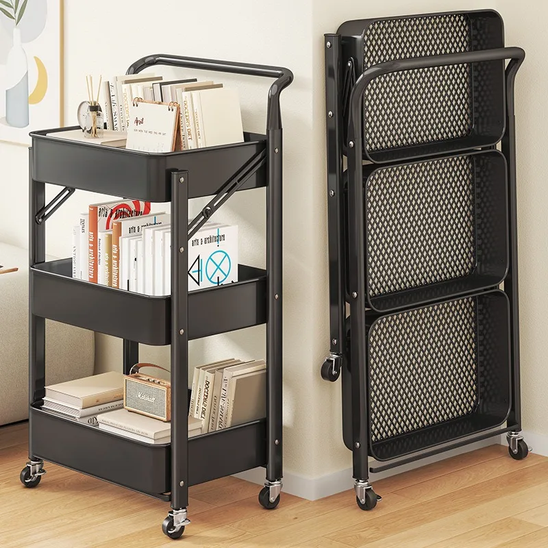 Carbon Steel Foldable Small Cart Multi-layer Floor Stand Storage Rack Household Snack Storage Rack, Multifunctional with Wheels