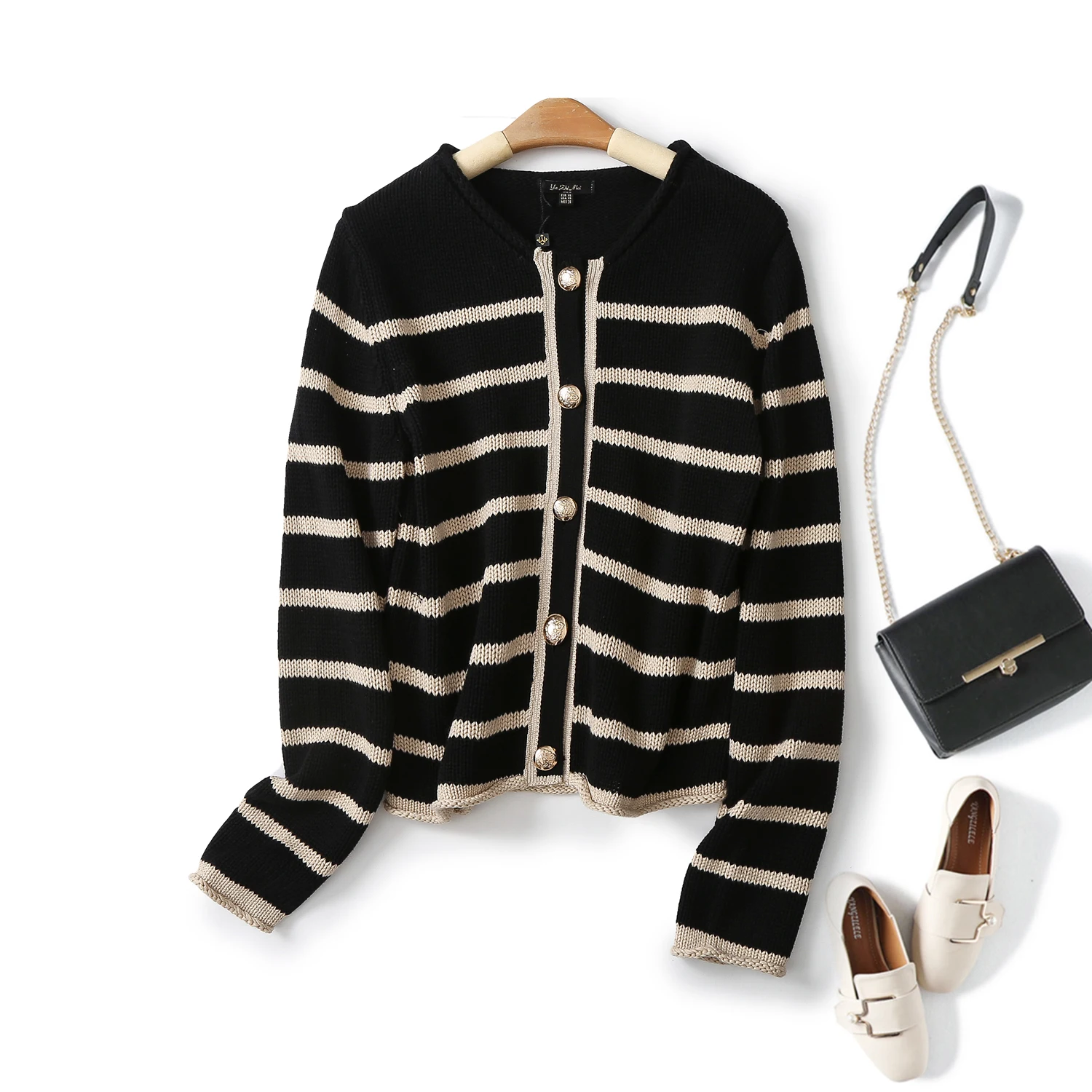 Ethereal  MD 2024 new style of Small fragrant wind thousand gold wind button striped round neck short jacket knitted cardigan