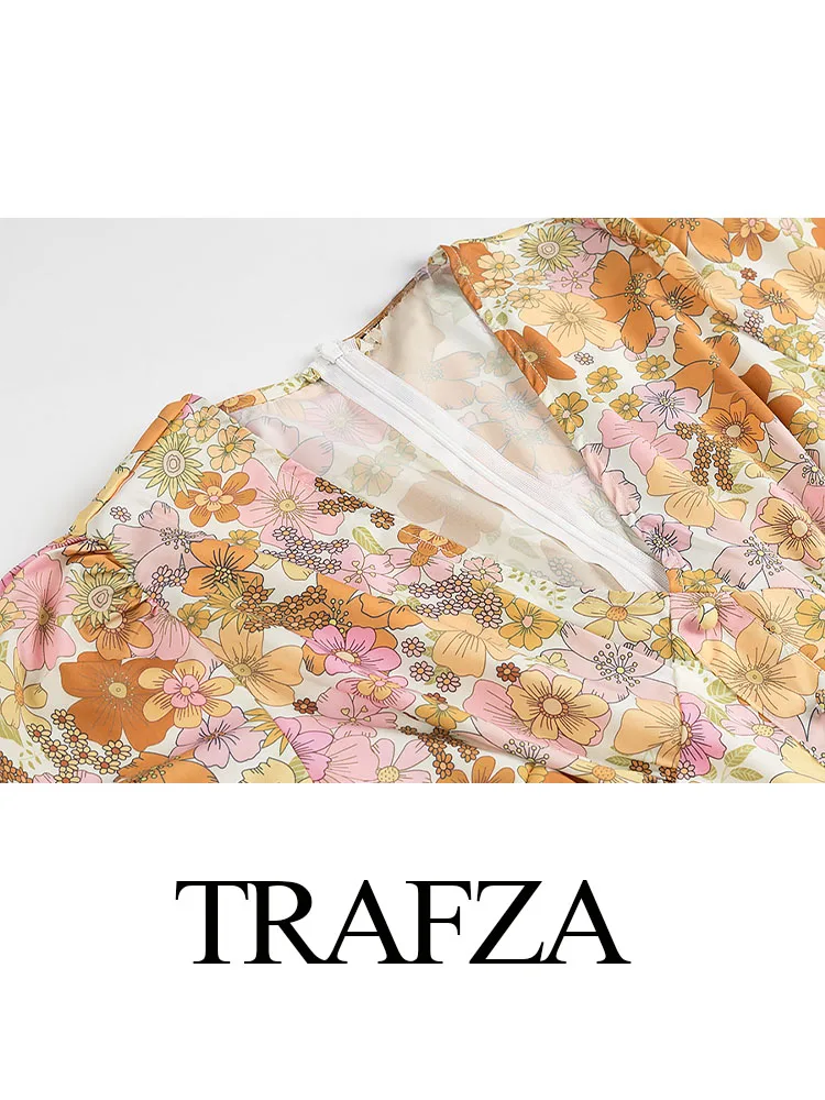 TRAFZA damska 2025 nowych moda dekolt w serek bufiaste rękawy drukuj z krótkim rękawem obcisła sukienka kobieta eleganckie wakacje nad morzem seksowna Mini sukienka