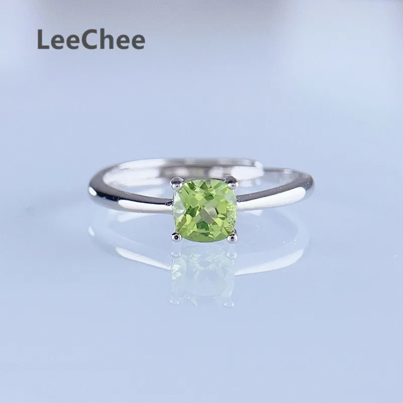 LeeChee 5MM Square Peridot Ring for Women Anniversary Gift Real 925 Sterling Silver Free Ship Fine Jewelry Green Gemstone