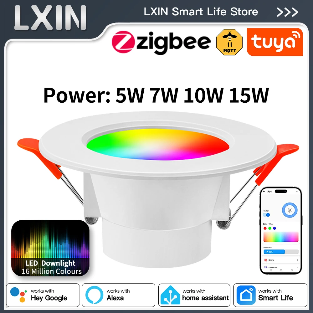 LXIN Tuya Zigbee3.0 Downlight, mit Zigbee2Mqtt Alexa Home Assistant, intelligentes LED-Spotlicht 5/7/10/15 W, dimmbare RGBCW-Farblampe
