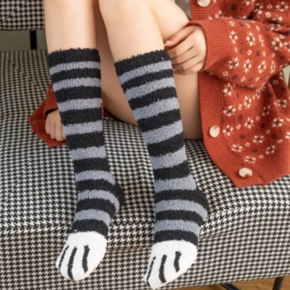 Cute Coral Velvet Cat Paw Stockings Thickened Stripe Floor Socks Dots Animal Fingers Winter Warm Socks House