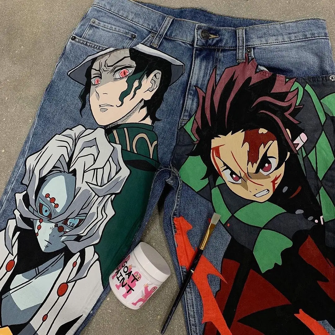 Homens e mulheres Tanjiro Anime estampa jeans largos, calça de perna larga, streetwear Y2K, calça de cintura alta, Harajuku, popular, novo estilo