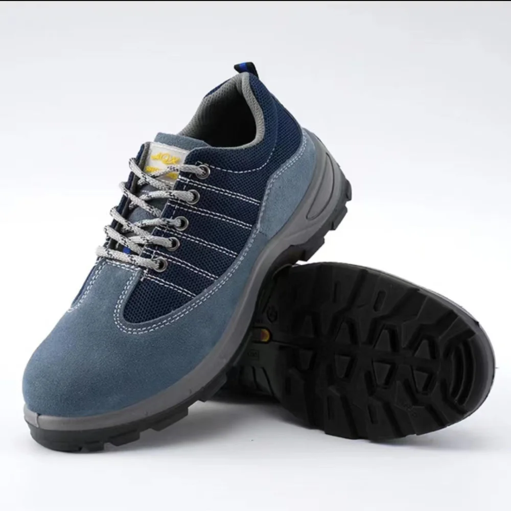 Мужская рабочая обувь из замши, воловьей кожи, дышащая синяя сетка, сплошная подошва, защита от ударов и проколов.
