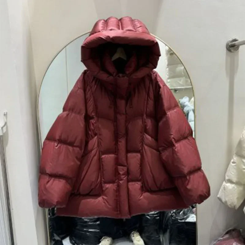 2025 novo inverno quente com capuz grosso pato branco para baixo lazer feminino jaqueta cor sólida solta jaqueta feminina