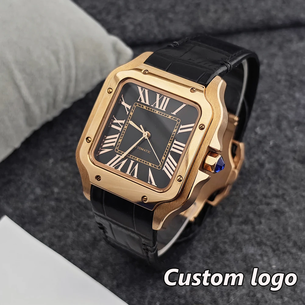 Reloj cuadrado NH35 de 38mm para hombre, reloj automático con logotipo personalizado, esfera de oro rosa, adecuado para accesorios de reloj con movimiento NH35