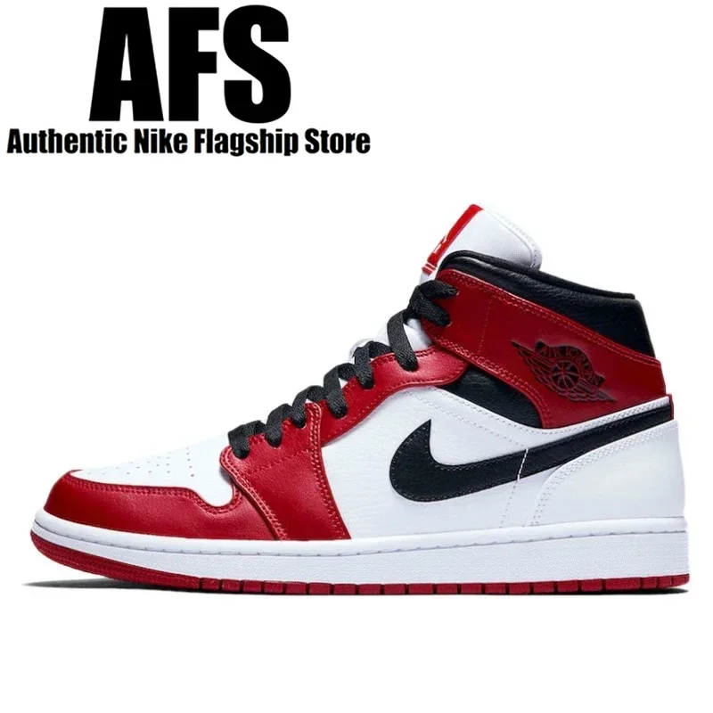 Original air jordan 1 mid 'chiquago' vermelho e branco para homem clássico retro tênis de basquete 554724 -173