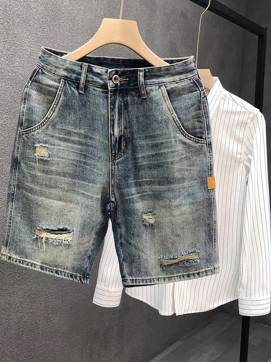 

Джинсовые брюки с отверстиями в стиле ретро, модная брендовая уличная одежда Haome, мужские летние тонкие свободные брюки прямого кроя со средней талией и пятью точками