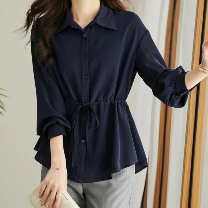 Women Elegant Drawstring Chiffon Blouse 2026 Long Sleeve Trendy Ageless Beautiful Shirt Tops