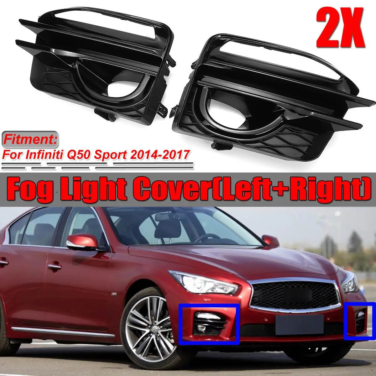 A Pair Gloss Black Q50 Car Front Fog Light Grill Grille Fog Lamp Frame Cover Trim For Infiniti Q50 Sport 2014 2015 2016 2017