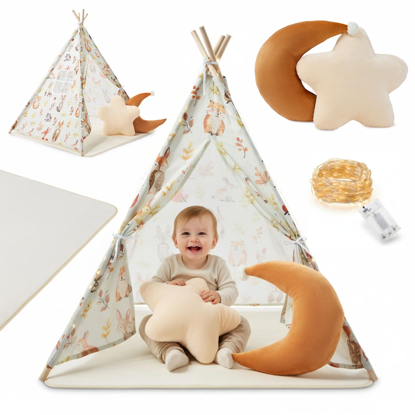 Mamabrum Tipi-tent voor kinderen, set met tapijtkussens en LED-verlichting, kamer speelgoed voor jongens en meisjes vanaf 3 jaar
