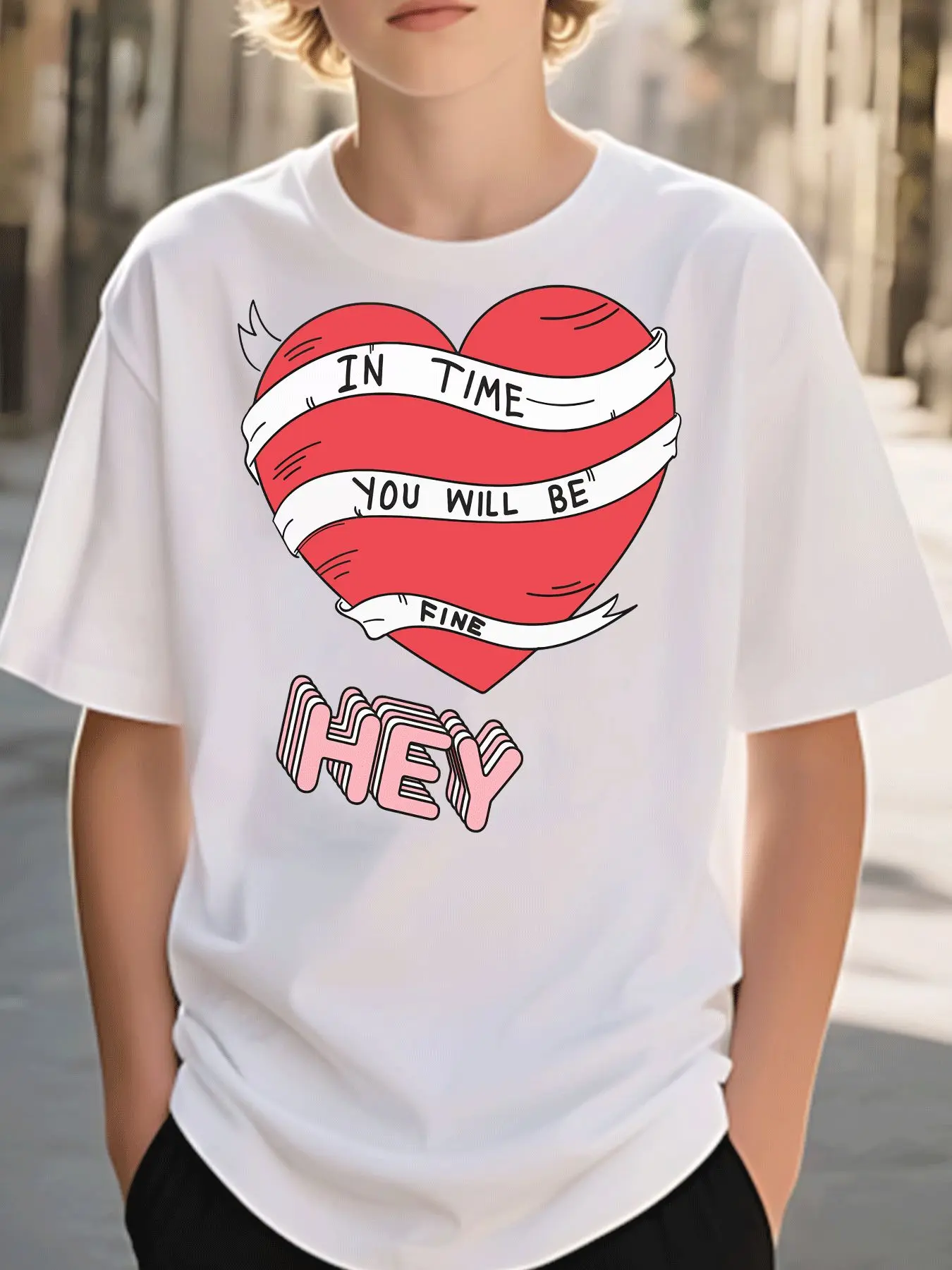 A Casual Red Heart-shaped T-shirt with The Word 