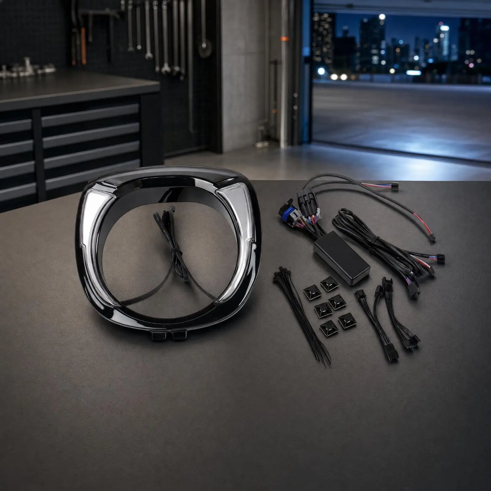 Motorcycle Headlight Bezel Ring Metal Surround Frame with LED Accent Light and Connector Kit for Touring Motorcycle