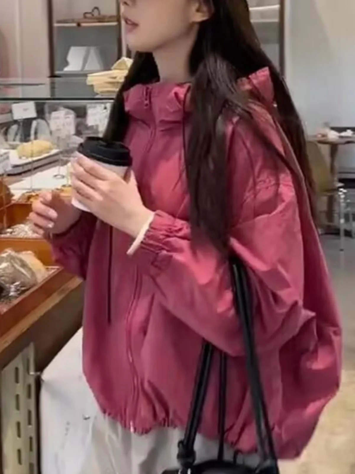 Short Women's Hooded Jacket Spring 2026 New Style Casual Coat Top Zipper Long Sleeve  Color Commute Style Loose Fit