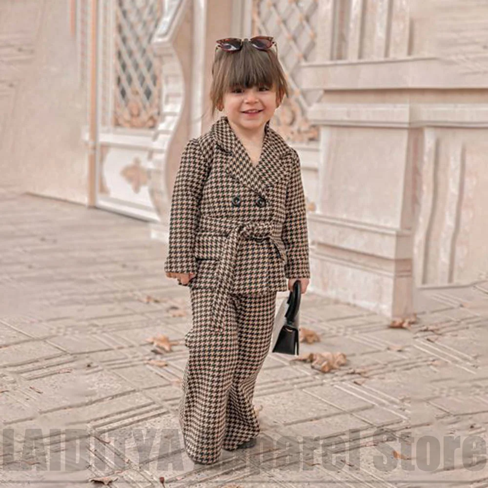 Girls Houndstooth Suit Chic Double Breasted Blazer Trousers Two Piece Children Costume For Party Daily Casual Outfit 2026