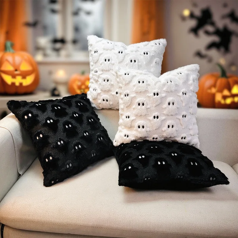 

2 Piece Halloween Ghost Plush Embroidery Cushion Cover Black and white holiday pillowcase 45x45 home decor