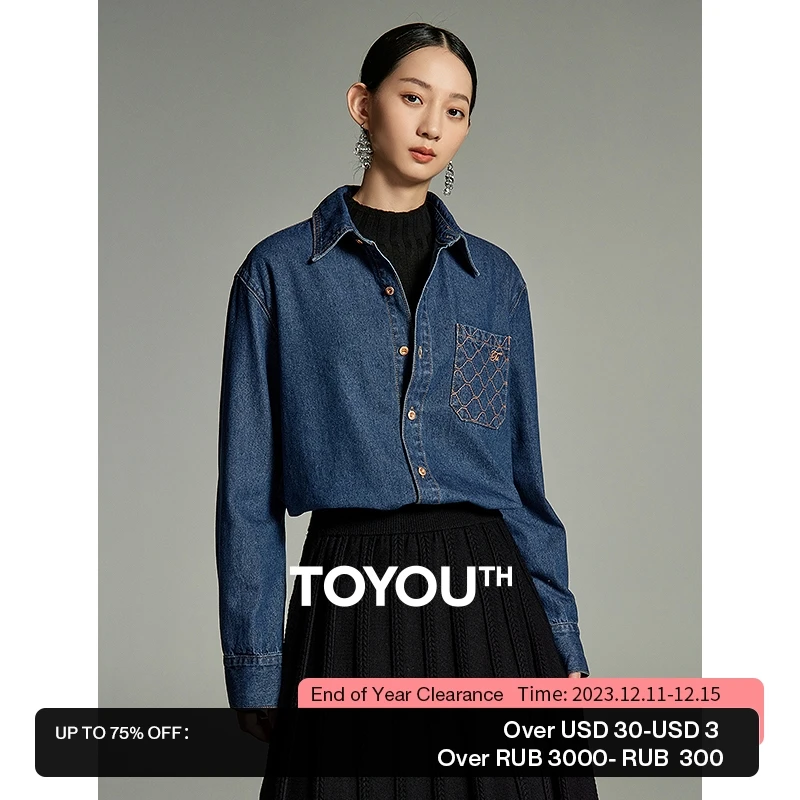 

Toyouth Women Denim Shirt 2023 Winter Long Sleeve Polo Neck Loose Blouse Gridline Embroidery Fashion Casual Versatile Outwear