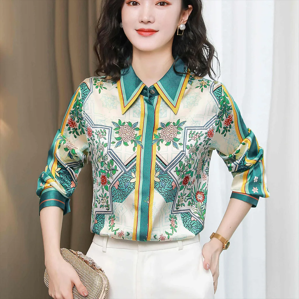 

Korean Fashion Casual Office Work Women Shirt Tops Vintage Print Long Sleeve Ladies Blouse